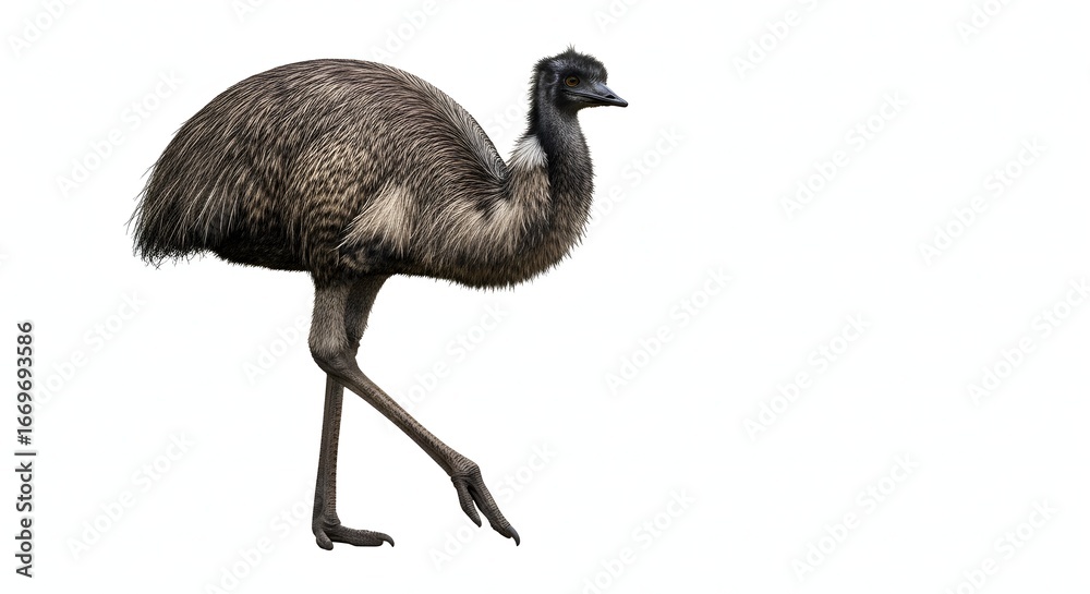 Fototapeta premium A full body profile of a large emu bird standing on its long legs against a white background