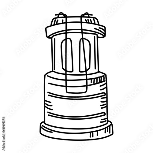 Modern LED doodle lamp, hand-drawn. Item for orienteering in the dark. Graphics, engraving, shading. Drawing in black ink, marker, liner for designing postcards, packaging. Picnic, tourism, hiking