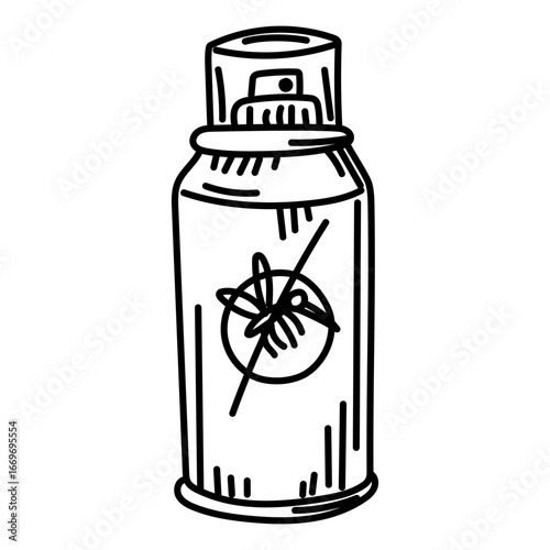 mosquito bite spray, Doodle. Spray bottle for skin application. Against mosquito bites, insects. Graphics, engraving, shading. Black ink drawings, marker, design postcard. Picnics, hiking, camping