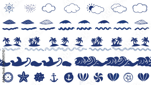Illustration of summer themed icons including sun clouds waves palm trees dolphins and nautical elements