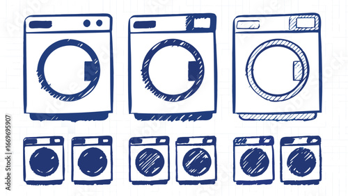 Illustration of multiple washing machines in varying sizes and sketch like blue line work style art