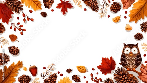 Autumnal border featuring stylized leaves, pinecones, acorns, berries, and a perched owl, arranged around a central white space