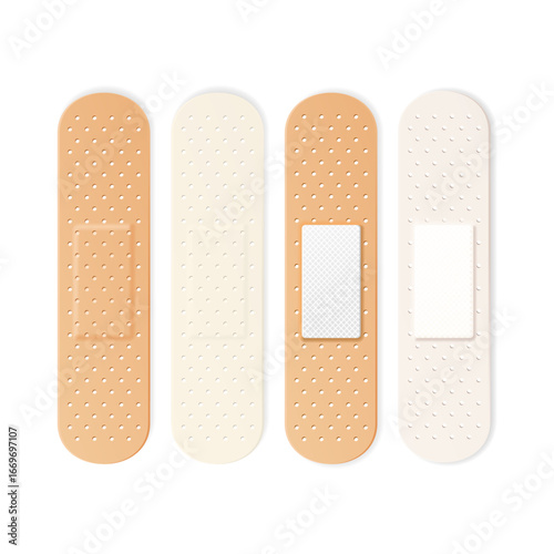Realistic Detailed 3d White and Beige Aid Band Plaster Strips Set on a White. Vector illustration of Elastic Medical Plasters