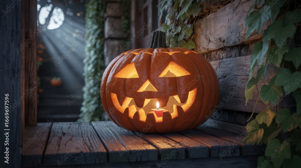 Obraz premium A carved halloween pumpkin with a menacing face, lit from within by a candle, rests on a rustic wooden plank with vines and dramatic light rays
