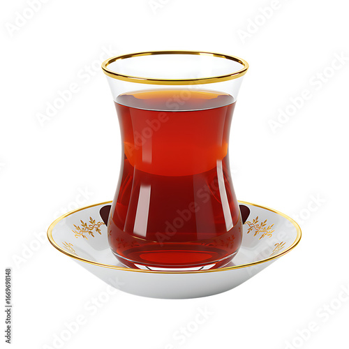 Realistic Turkish tea glass with golden rim and saucer isolated on transparent background