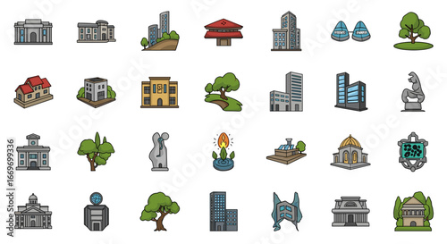 Collection of diverse architectural structures and natural elements art