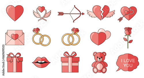 Collection of valentine's day themed illustrations in pink and red hues