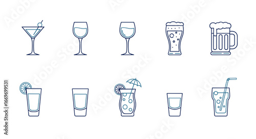 Illustration of ten different types of outlined drink glasses and mugs