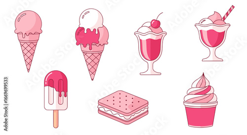Illustration of various pink and white desserts including ice cream and sundae