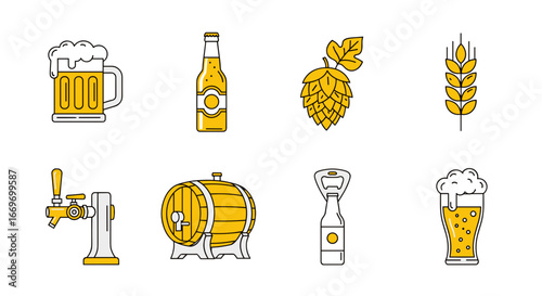 Illustration showing beer related objects including glass and bottle etc