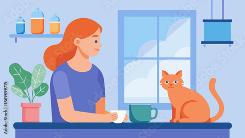 Woman drinking coffee at home with cat sitting on table near window