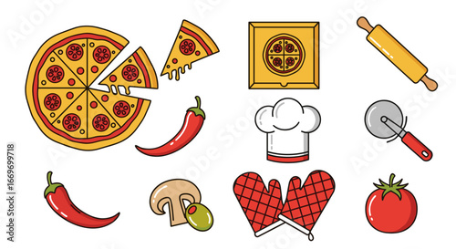 Illustration of pizza with slices, chili peppers, and cooking equipment