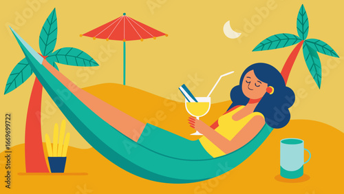 Woman relaxing in hammock with drink on tropical beach at sunset
