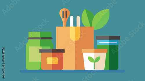 Reusable jars and containers with eco friendly kitchen products and paper bag