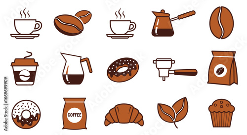 Assorted coffee related items including cups beans and pastries present