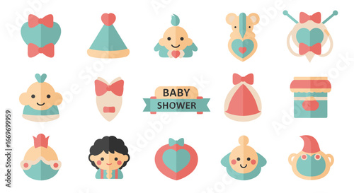 Illustration of baby shower themed icons with bows and baby food jar