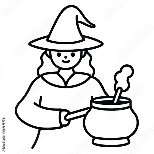 witch stirring cauldron line art vector icon