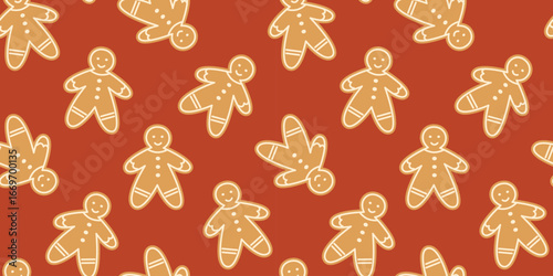 Christmas gingerbread cookies seamless pattern. Gingerbread man. Traditional xmas biscuits. Homemade sweets for winter festive holidays. Children's treat. Vector background, wallpaper, wrapping paper.
