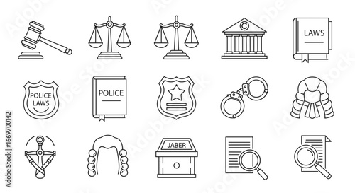 Line art depiction of law and justice symbols in a monochromatic style