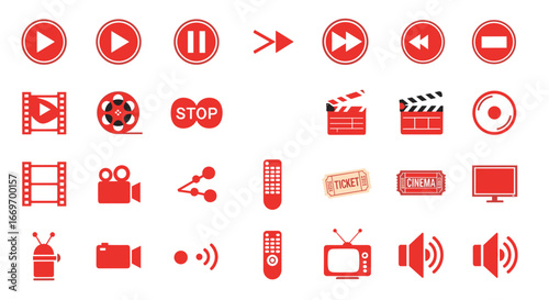 Collection of red media icons representing film and television elements