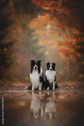 Photography Two black and white Border Collie dogs sit in a forest landscape with fallen leaves