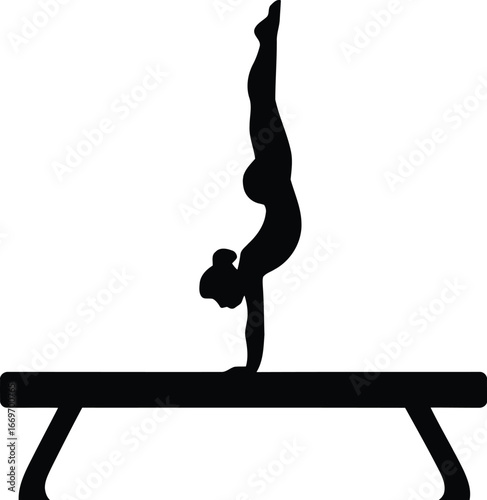 Gymnast Handstand on Balance Beam Silhouette - Woman Athlete Vector on Transparent Background.