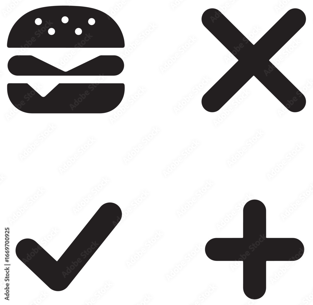Obraz premium Black and white burger icon and selection icons for web interface or applications