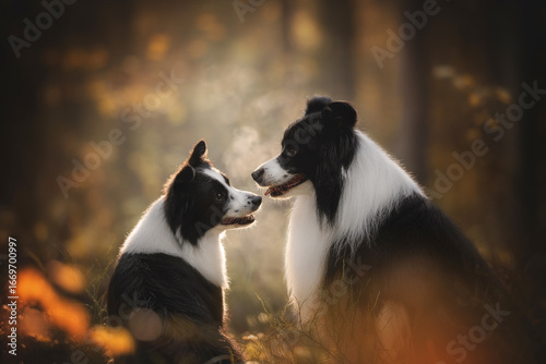 Photography Two Border Collie dogs are seen in a forest environment