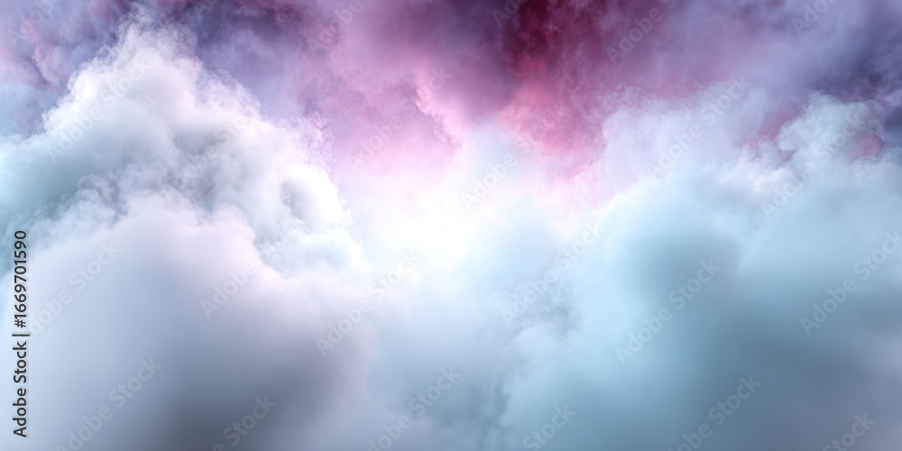 Fototapeta premium Ethereal sky view, soft white clouds meet a vibrant pink-purple sky with central, bright light