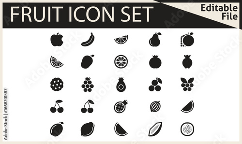 Food fruits glyph icon set. Vector pictograms of banana, strawberry, pineapple, watermelon, grapes, mango, blueberries, peach, cherry, lemon, avocado, pear, kiwi, black sign silhouette illustration