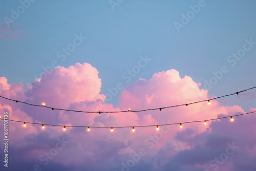 Glowing string lights against pink clouds and blue sky twilight
