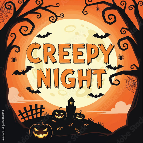 Spooky Halloween Night Scene with Creepy Bats, Pumpkins, and a Haunted House.