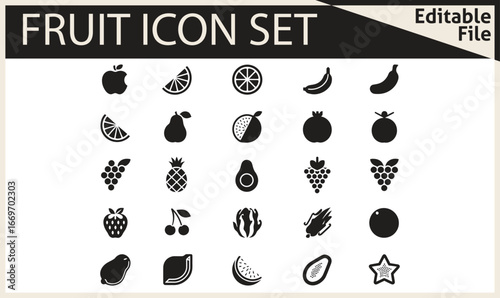 Food fruits glyph icon set. Vector pictograms of banana, strawberry, pineapple, watermelon, grapes, mango, blueberries, peach, cherry, lemon, avocado, pear, kiwi, black sign silhouette illustration