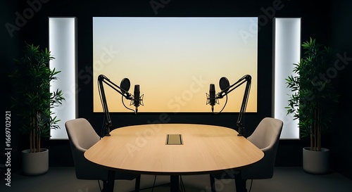 Podcast studio setup with microphones, chairs, and plants facing a large screen