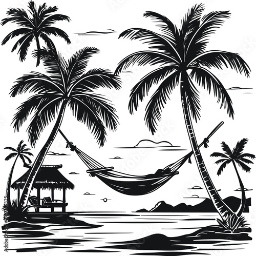 Bold black line tropical island vector set, hand-drawn palm tree, hammock, tiki torch, exotic hut doodle, Polynesian travel outline, thick smooth heavy contour illustration, minimal strong outline sty