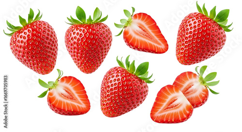 Collection of whole and halved ripe red strawberries with green leaves isolated on a transparent background