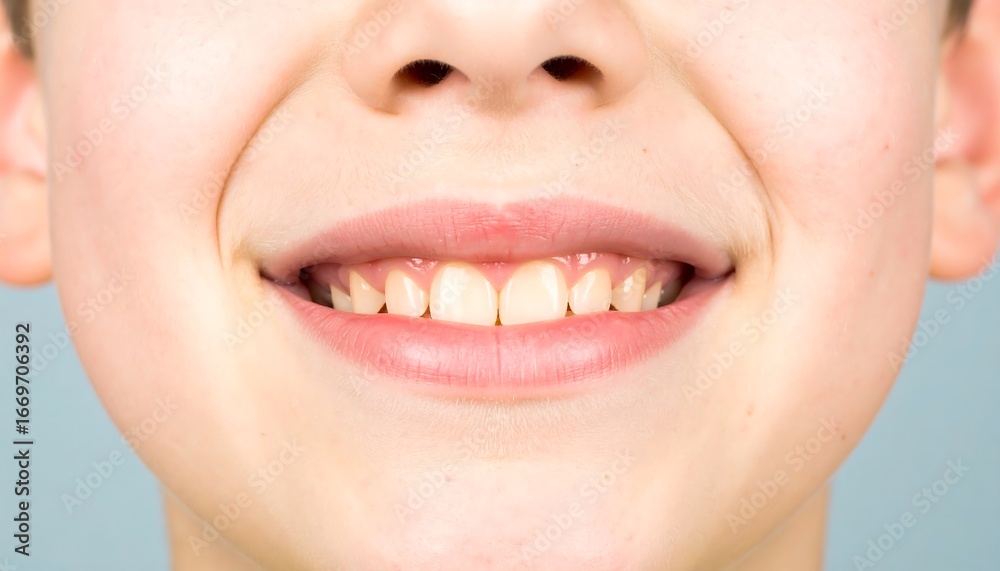 Obraz premium Close-up view of a child's smiling mouth and healthy teeth against a soft pastel background.