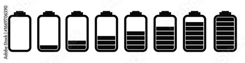 This image displays a horizontal row of battery icons, each showing a different percentage of charge, from empty to full.