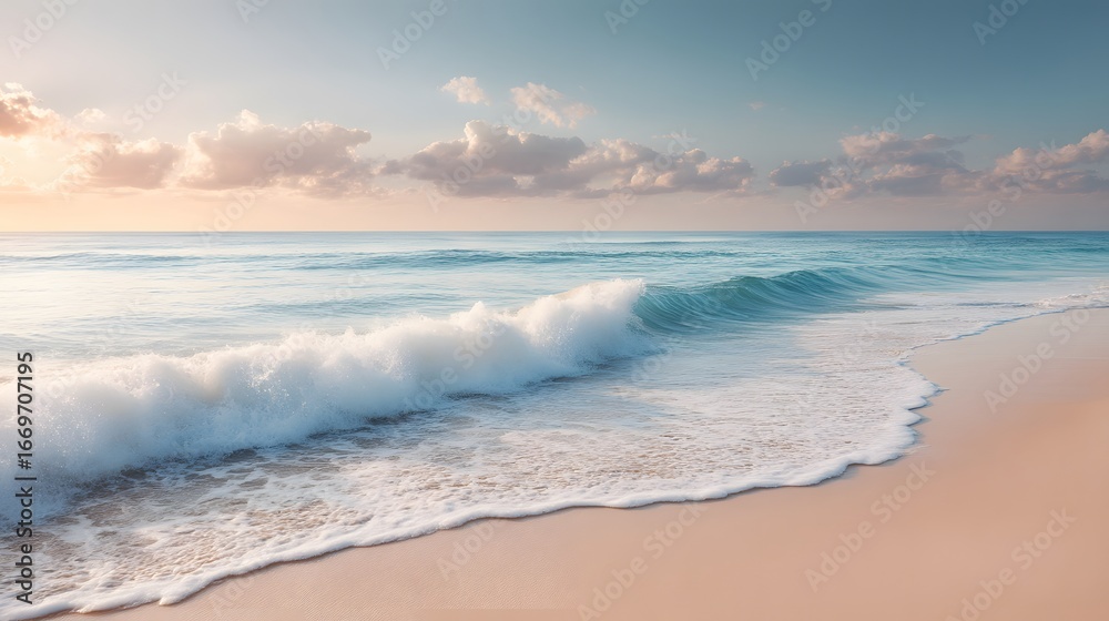 Fototapeta premium A single wave breaking gently against a pale sandy beach