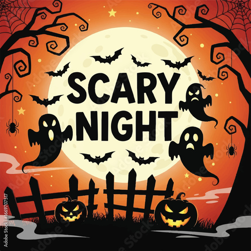 A spooky Halloween illustration with ghosts, bats, and jack-o'-lanterns under a full moon on a scary night.
