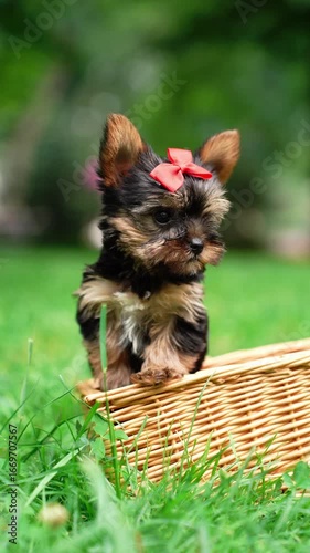 Yorkshire Terrier Puppy Sitting in a white wicker basket on Green Grass. Fluffy, cute dog Looks at the Camera. Domestic pets