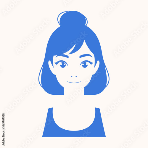 Vector art of simple blue illustration of a young woman with her hair in a bun
