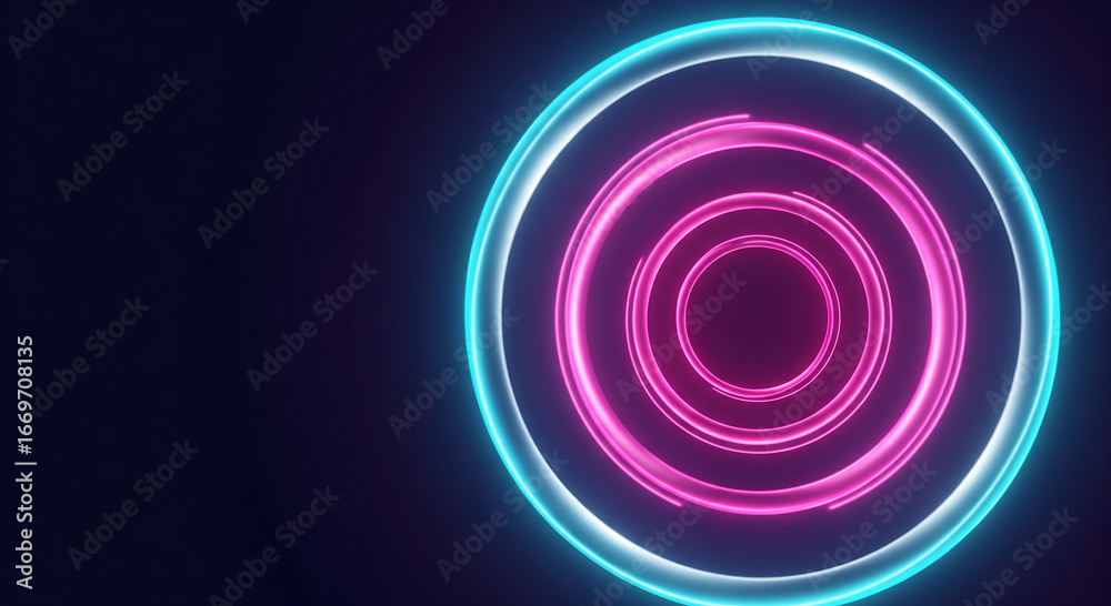 Naklejka premium Abstract glowing neon circles in pink and blue on a dark background, futuristic design
