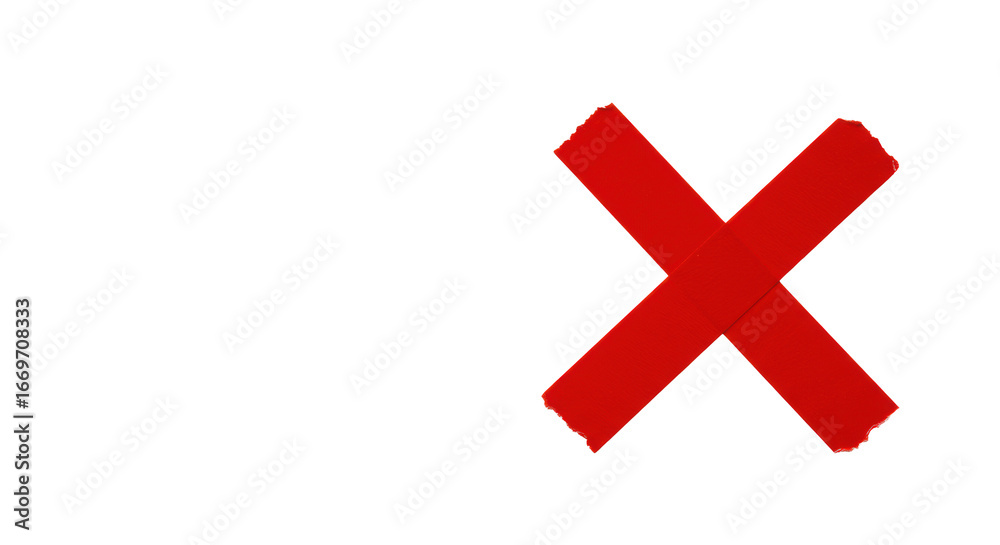 Obraz premium A single, bold red 'X' mark, matte adhesive tape texture, on a transparent surface with ample copy space, high-key studio flat lay shot, concept of clarity and decisive action