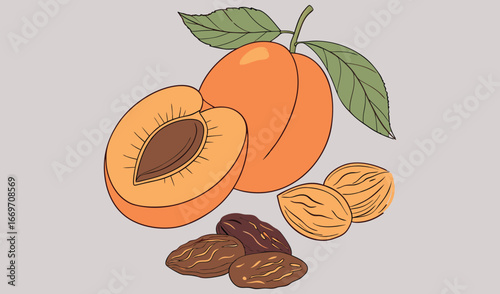 Fresh ripe apricots and dried fruits on a light background