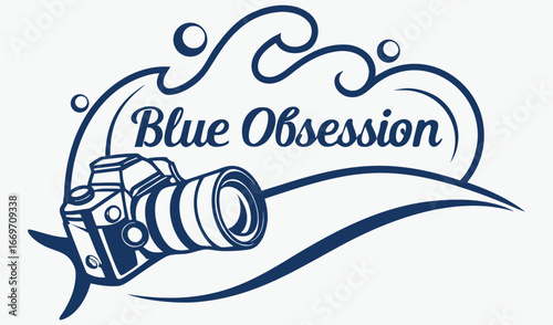 Blue obsession photography logo with vintage camera and wave design