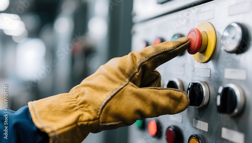Pressing emergency stop button industrial safety control panel machine operation hand