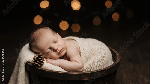 Peaceful newborn in wooden basket is surrounded by holiday lights. The soft bokeh effect creates a dreamy and cozy environment.