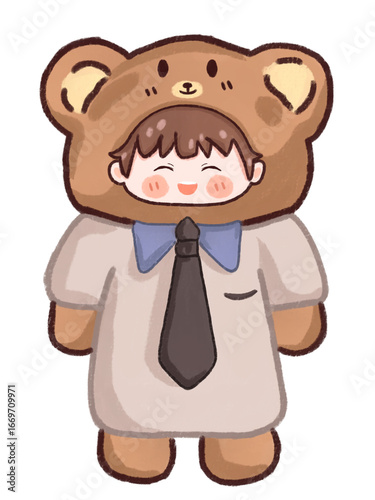 Cute Chibi Bear Kid in Shirt and Tie Costume