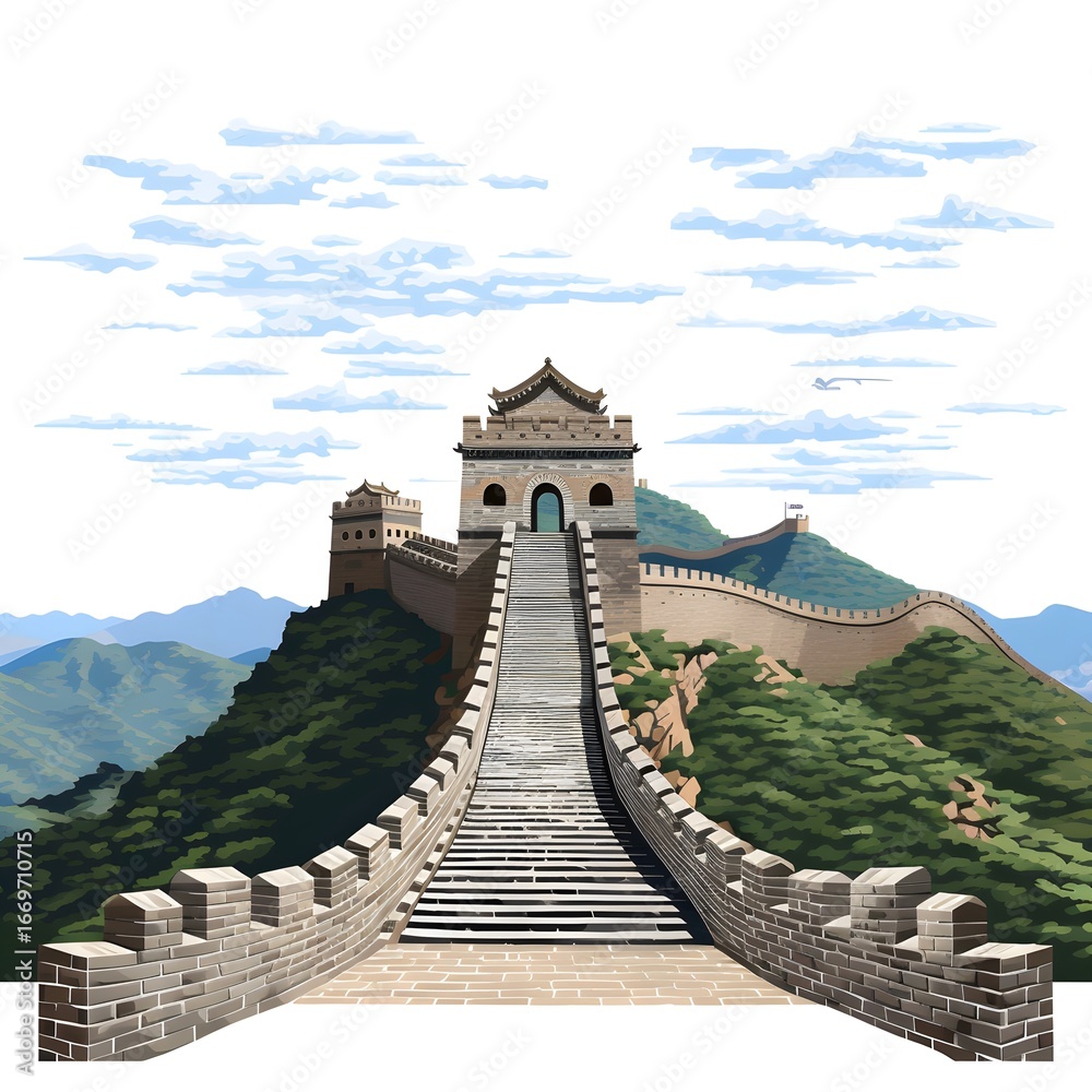 Obraz premium Decorative flat vector artwork of Great Wall of China, symbolizing history, culture, travel and architecture, a modern illustration merging iconic Chinese landmark with decorative vector landscape